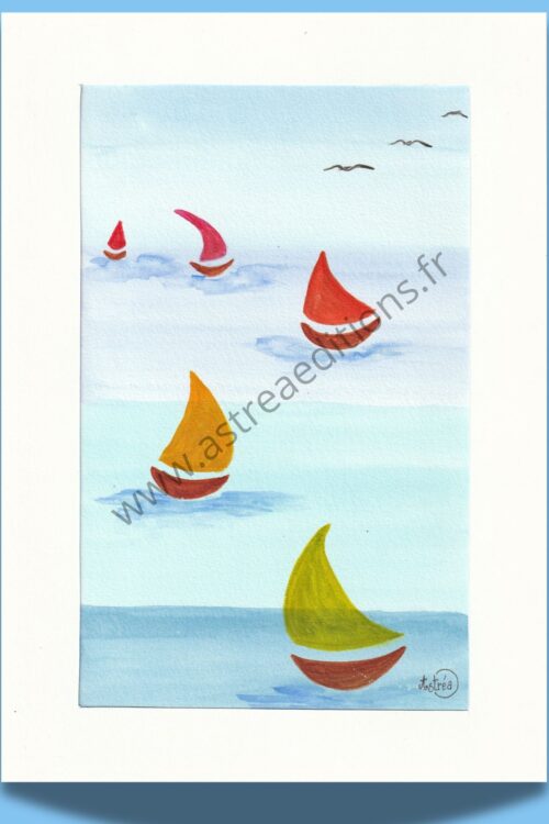 Petits voiliers colorés sur la mer - aquarelle Bord de mer