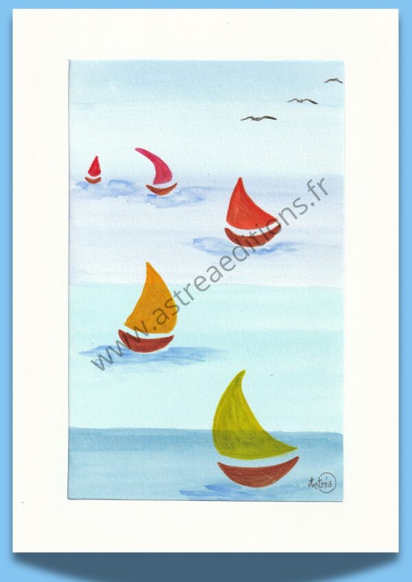Petits voiliers colorés sur la mer - aquarelle Bord de mer
