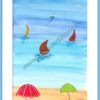 Aquarelle d'une plage avec deux parasols et la mer avec des voiliers de couleur, au loin un bâteau de croisière prend le large