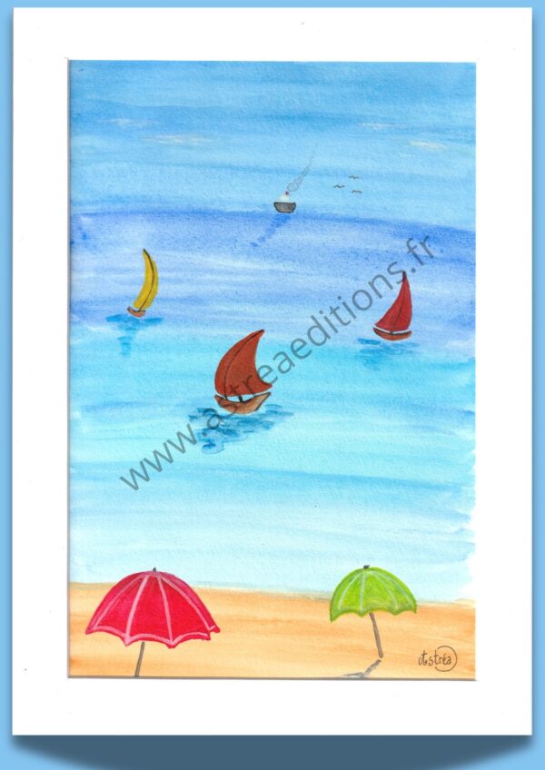 Aquarelle d'une plage avec deux parasols et la mer avec des voiliers de couleur, au loin un bâteau de croisière prend le large