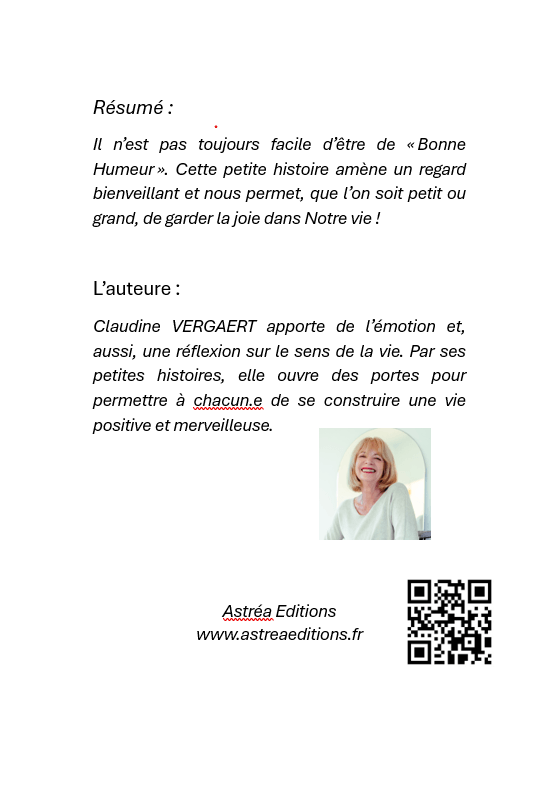 Photo page arrière couverture - Mon amie Bonne Humeur avec le résumé du livre et la présentation de l'auteure