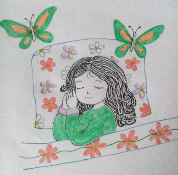 Une page intérieure du livret 3 - Un sacré caractère. Une petite fille souriante qui dort paisiblement, la tête sur l'oreiller