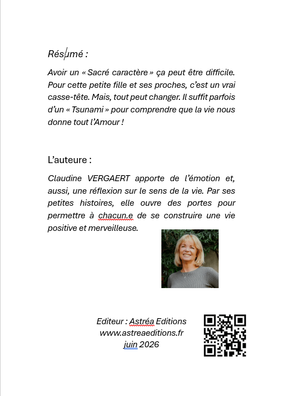 La page arrière de couverture du livret 3 - Un sacré caractère, avec le résumé du livre et la présentation de l'auteure, Claudine Vergaert