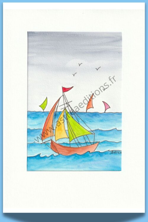 Dessin à l'aquarelle de voiliers aux voiles colorées sur la mer