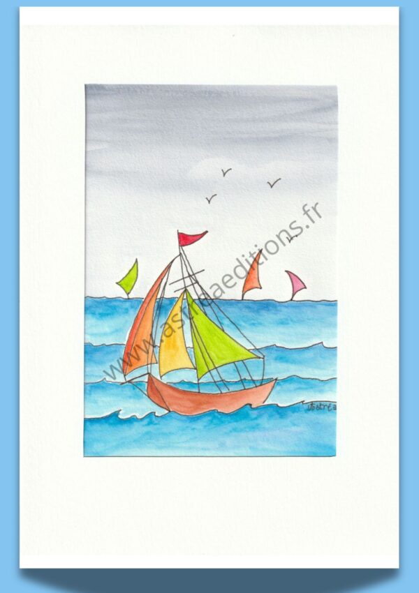 Dessin à l'aquarelle de voiliers aux voiles colorées sur la mer