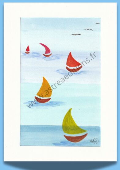 Petits voiliers colorés sur la mer - aquarelle Bord de mer