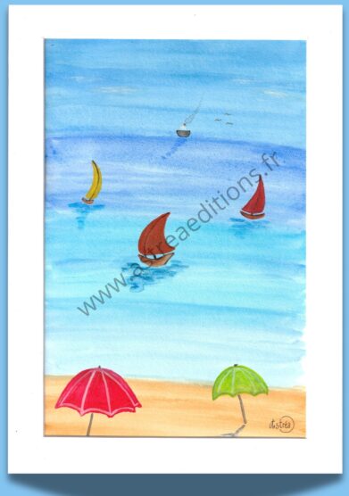 Aquarelle d'une plage avec deux parasols et la mer avec des voiliers de couleur, au loin un bâteau de croisière prend le large