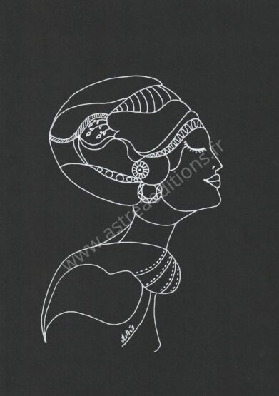 Représentation traits blancs sur fond noir du buste d'une femme arabe