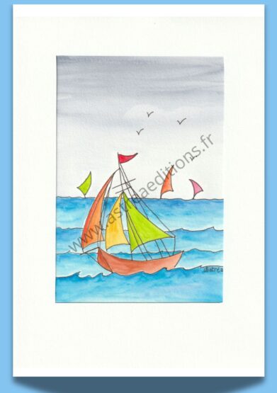 Dessin à l'aquarelle de voiliers aux voiles colorées sur la mer
