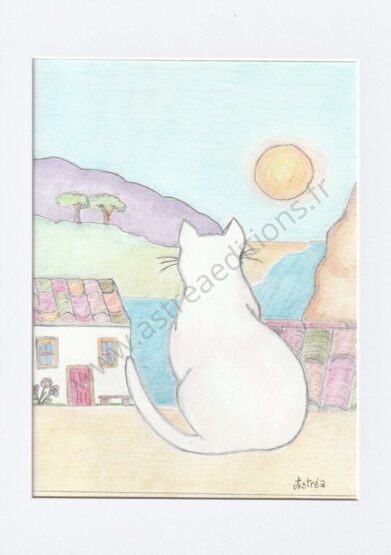 dessin au crayons de couleur d'un chat assis de dos regardant le coucher du soleil sur la mer