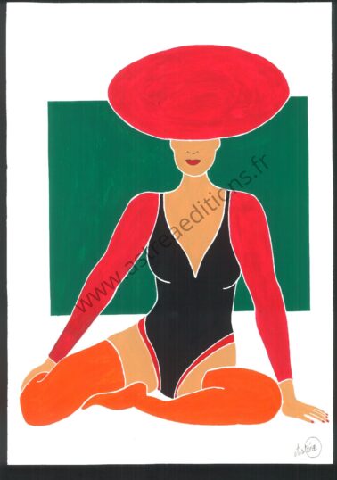 Tableau d'une danseuse assise dont la tête est penchée en avant et on ne voit que son grand chapeau rouge