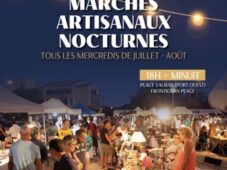 affiche de présentation des marchés nocturnes des artisans à Frontigan plage, en août 2026, tous les mercredi