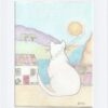 dessin au crayons de couleur d'un chat assis de dos regardant le coucher du soleil sur la mer