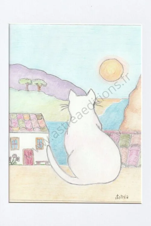 dessin au crayons de couleur d'un chat assis de dos regardant le coucher du soleil sur la mer