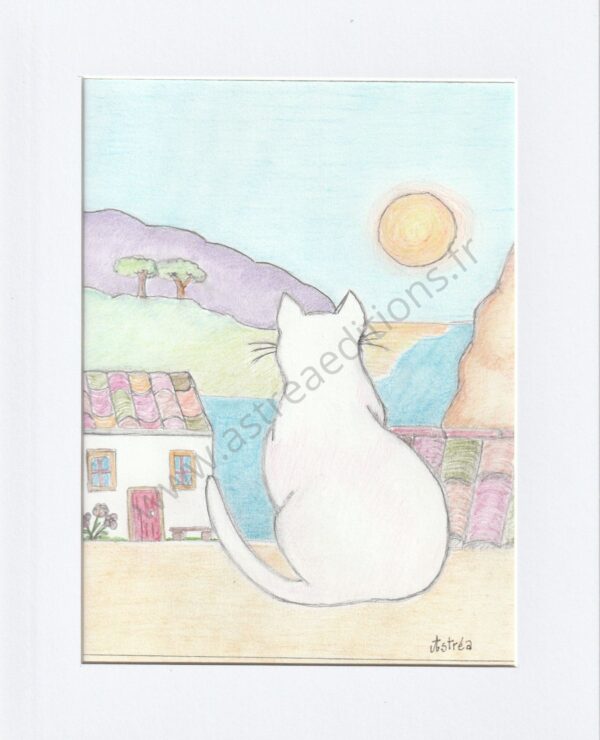 dessin au crayons de couleur d'un chat assis de dos regardant le coucher du soleil sur la mer