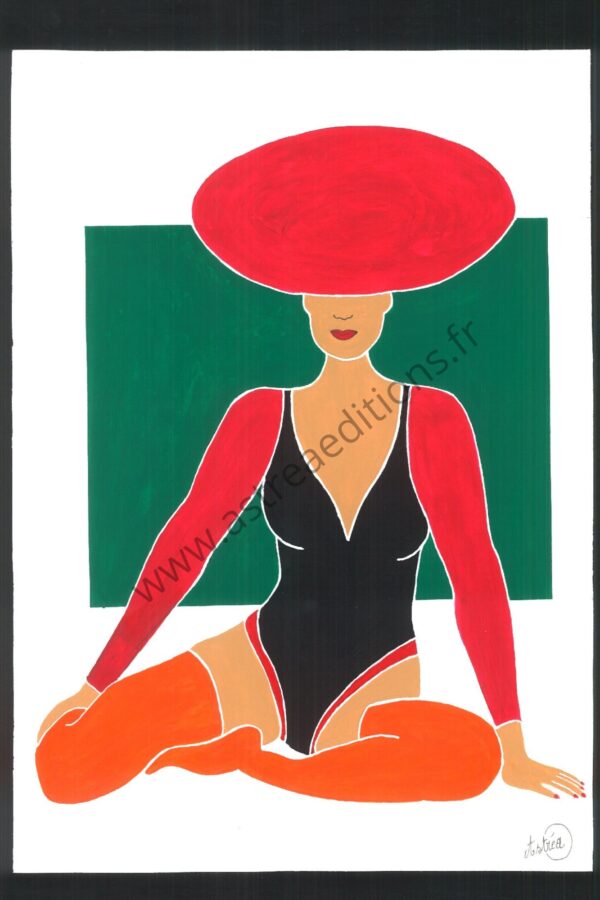 Tableau d'une danseuse assise dont la tête est penchée en avant et on ne voit que son grand chapeau rouge