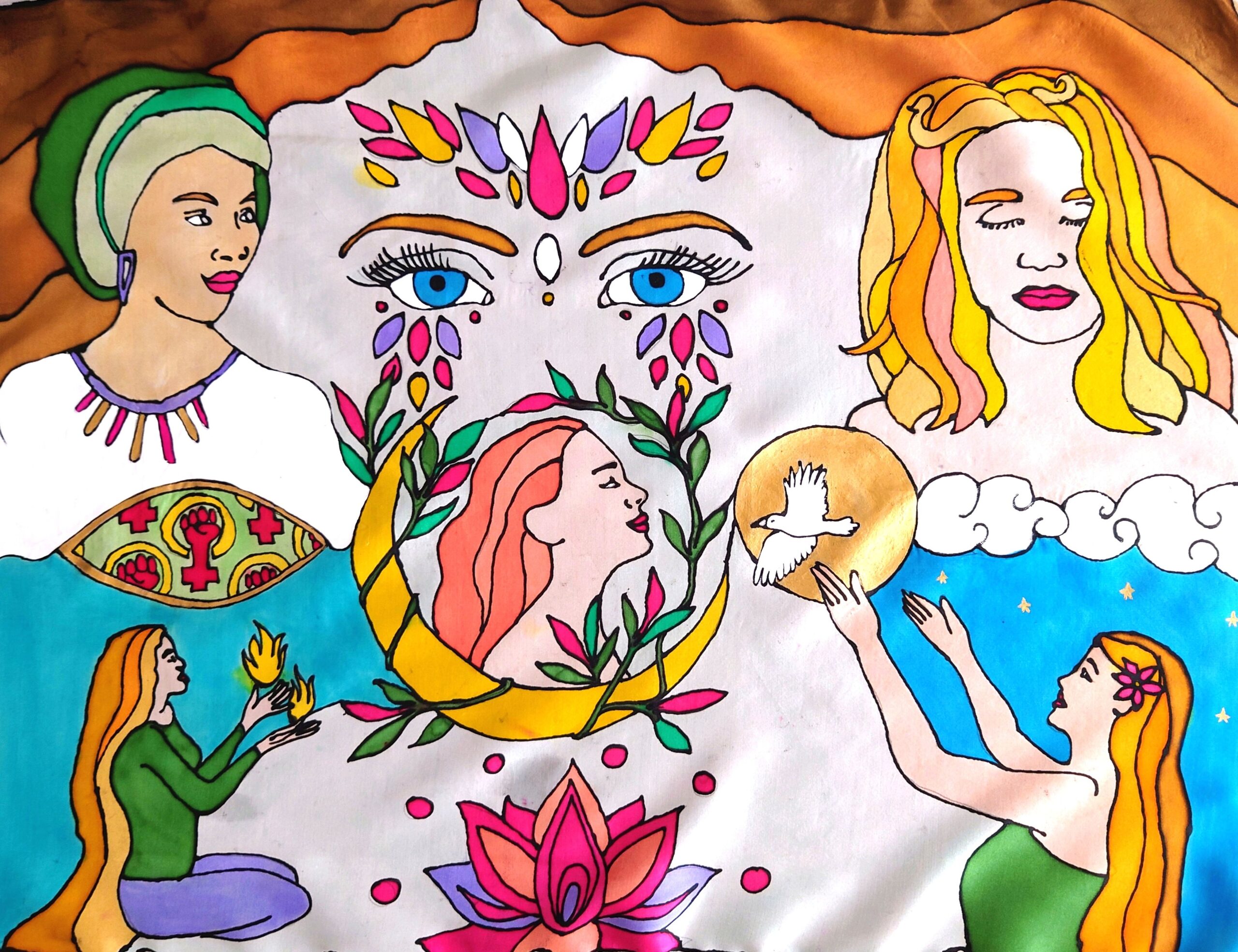peinture sur soie représentant une fresque dédiée aux femmes