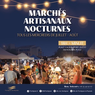 affiche de présentation des marchés nocturnes des artisans à Frontigan plage, en août 2026, tous les mercredi