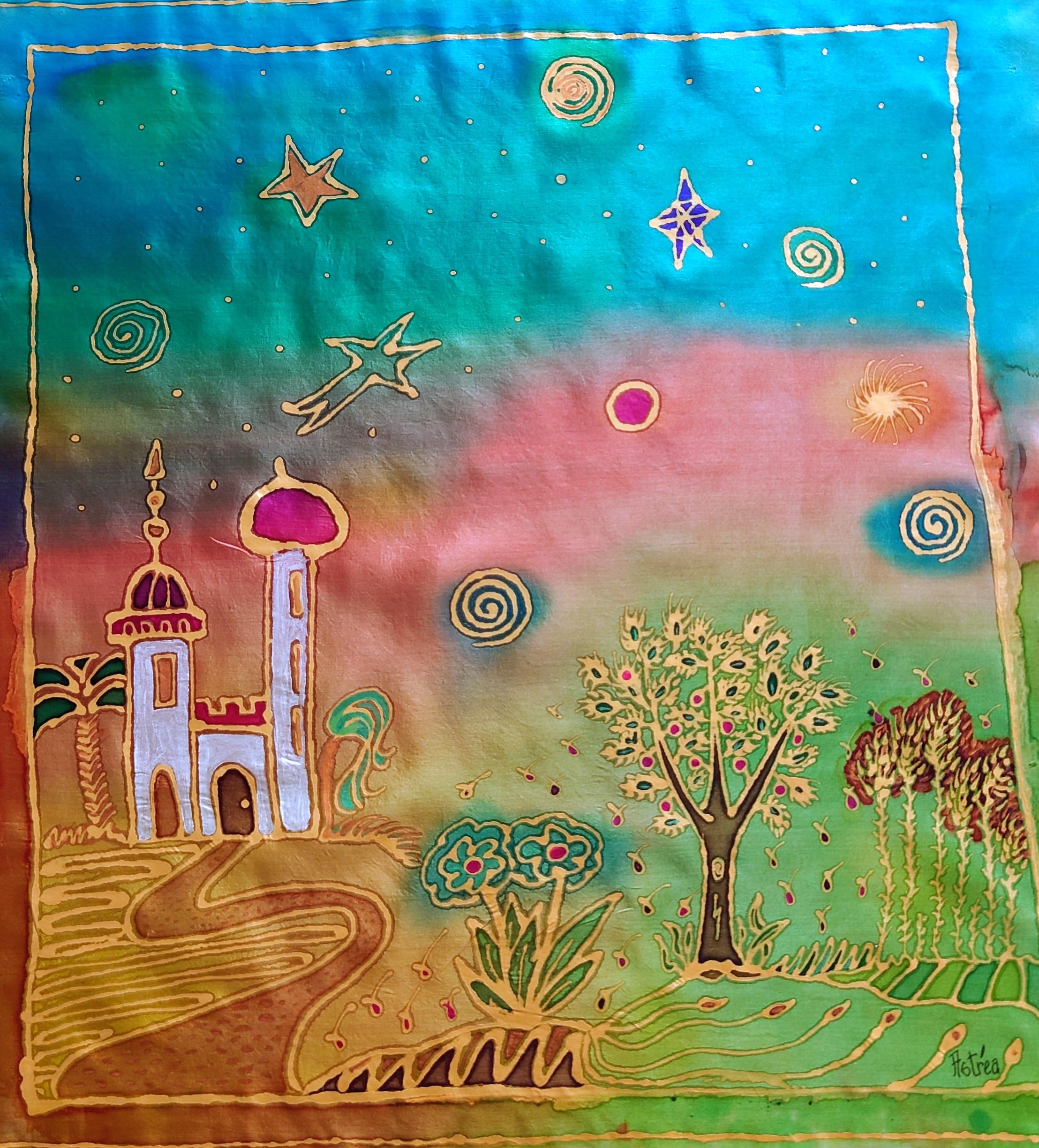 peinture sur soie dans paysage oriental avec une médina blanche la nuit avec un ciel aux couleurs roses et bleus turquoises