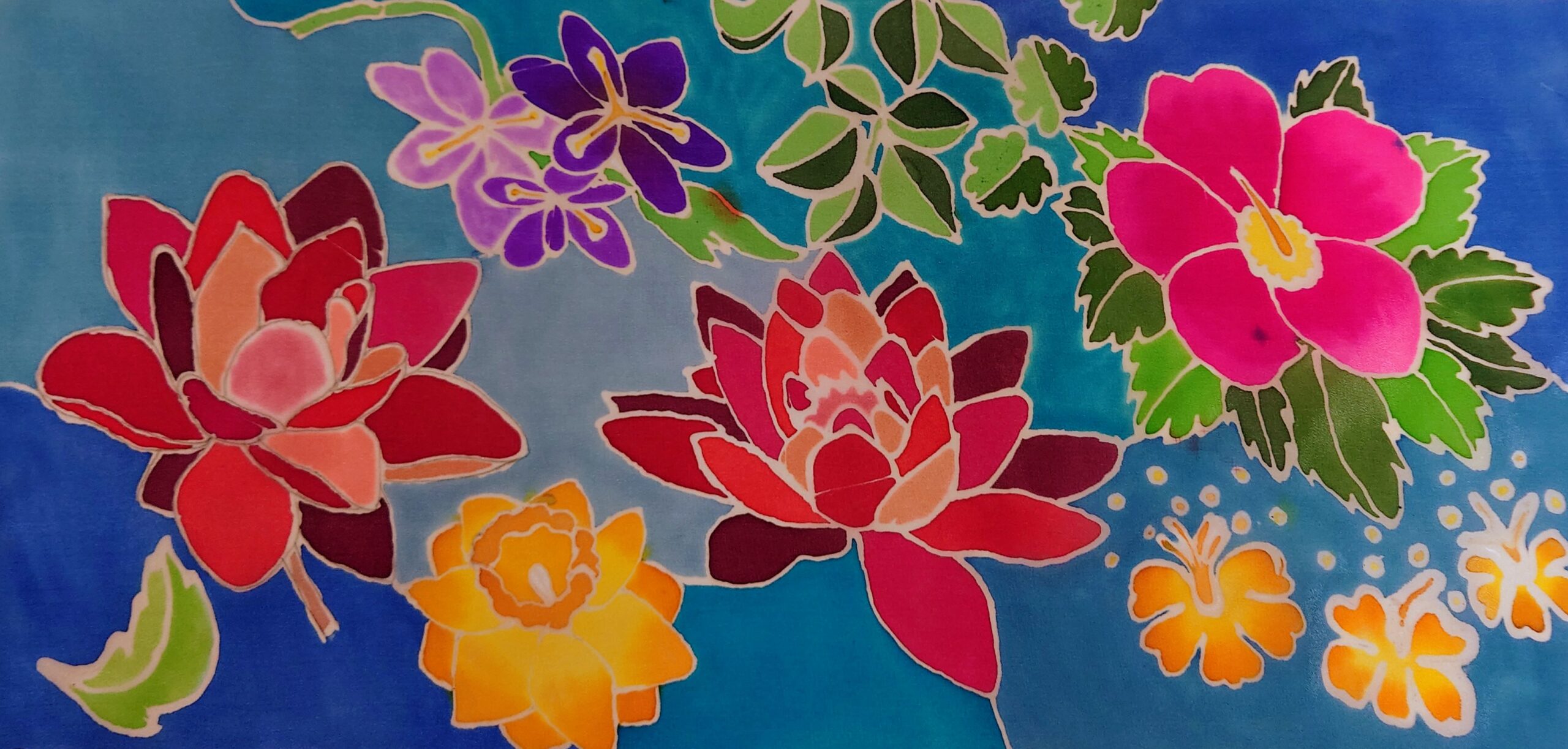 peinture sur soie composition florale de différentes fleurs colorées