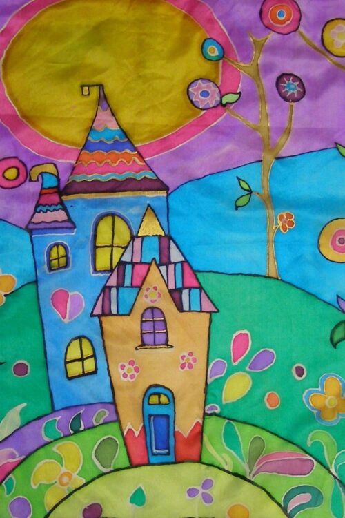 peinture sur soie représenatant une maison imaginaire enfantine et colorée dans une orêt magique