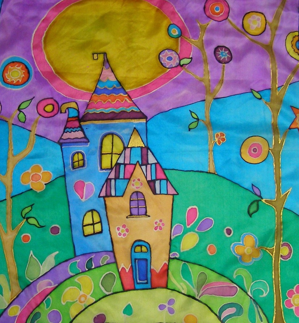 peinture sur soie représenatant une maison imaginaire enfantine et colorée dans une orêt magique