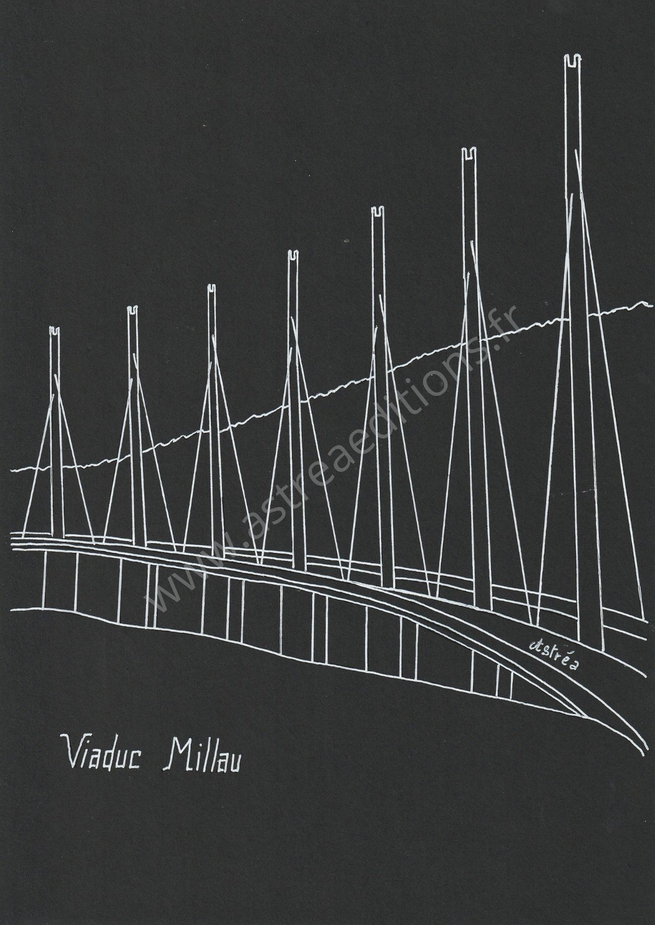 La composition Blanc sur noir met en avant la silhouette stylisée du « Viaduc de Millau », où la sobriété de la ligne blanche révèle toute la légèreté, l’élégance et la grandeur de l’ouvrage sur l’intensité du fond noir.
